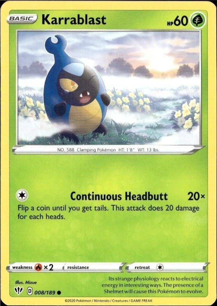 Karrablast 2020 Pokémon Darkness Ablaze #008/189 Pokémon Card - Front 2020 Pokémon Darkness Ablaze Karrablast #008/189 Pokémon card front