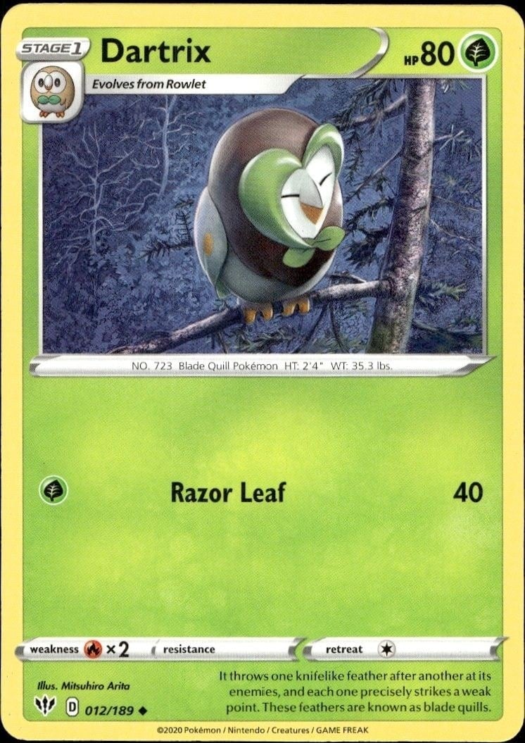 Dartrix 2020 Pokémon Sun & Moon #012/149 Pokémon Card - Front 2020 Pokémon Sun & Moon Dartrix #012/149 Pokémon card front