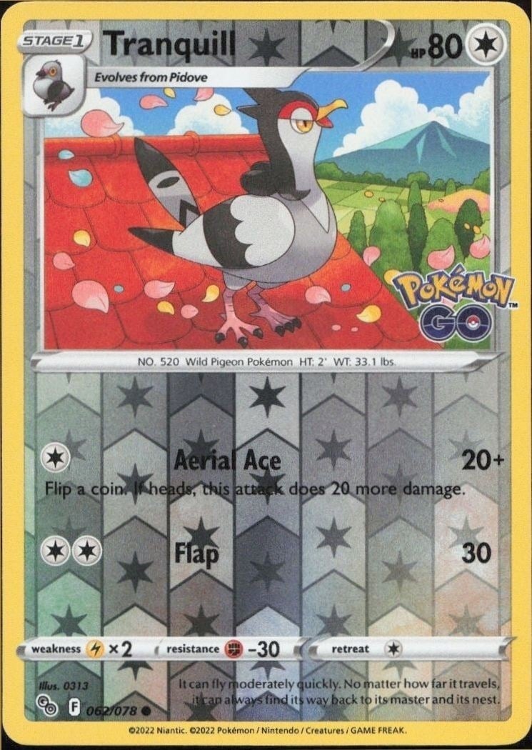 Tranquill 2022 Pokémon Go #062/078 Pokémon Card - Front 2022 Pokémon Go Tranquill #062/078 Pokémon card front