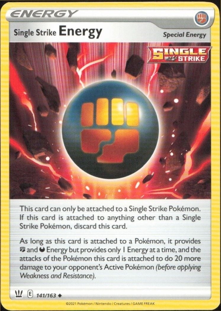 Single Strike Energy 2021 Pokémon Battle Styles #141/163 Pokémon Card - Front 2021 Pokémon Battle Styles Single Strike Energy #141/163 Pokémon card front