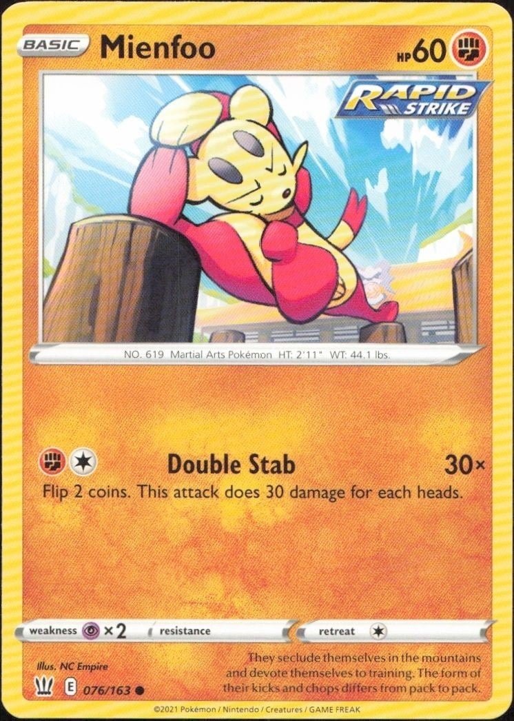 Mienfoo 2021 Pokémon Battle Styles #076/163 Pokémon Card - Front 2021 Pokémon Battle Styles Mienfoo #076/163 Pokémon card front