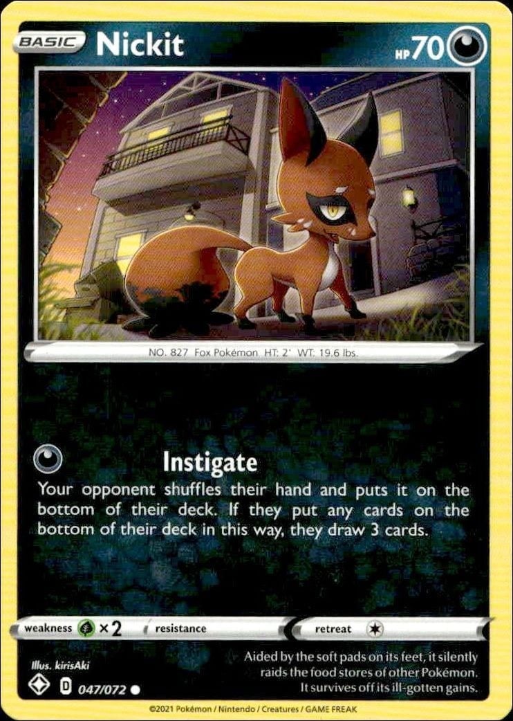 Nickit 2021 Pokémon Shining Fates #047/072 Pokémon Card - Front 2021 Pokémon Shining Fates Nickit #047/072 Pokémon card front