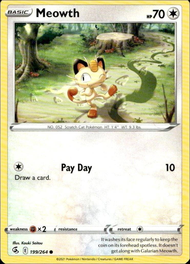 Meowth 2021 Pokémon Fusion Strike #199/264 Pokémon Card - Front 2021 Pokémon Fusion Strike Meowth #199/264 Pokémon card front