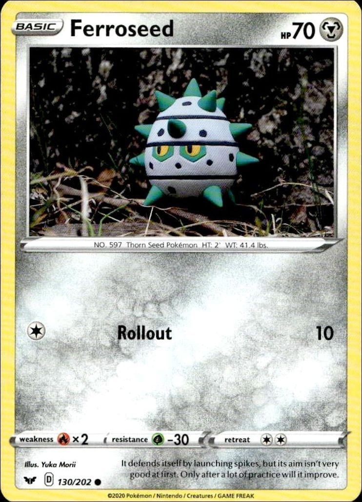 Ferroseed 2020 Pokémon Sword & Shield #130/202 Pokémon Card - Front 2020 Pokémon Sword & Shield Ferroseed #130/202 Pokémon card front