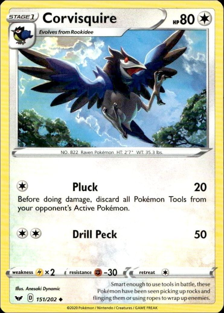 Corvisquire 2020 Pokémon Sword & Shield #151/202 Pokémon Card - Front 2020 Pokémon Sword & Shield Corvisquire #151/202 Pokémon card front