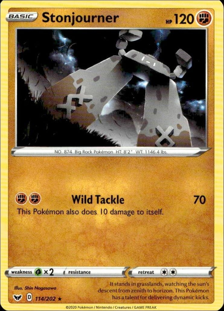 Stonjourner 2020 Pokémon Sword & Shield #114/202 Pokémon Card - Front 2020 Pokémon Sword & Shield Stonjourner #114/202 Pokémon card front