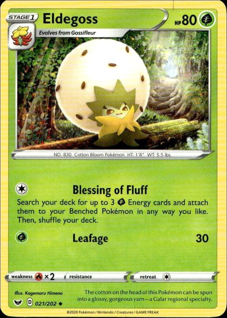 Eldegoss 2020 Pokémon Sword & Shield #021/202 Pokémon Card - Front 2020 Pokémon Sword & Shield Eldegoss #021/202 Pokémon card front