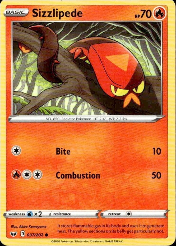Sizzlipede 2020 Pokémon Sword & Shield #037/202 Pokémon Card - Front 2020 Pokémon Sword & Shield Sizzlipede #037/202 Pokémon card front
