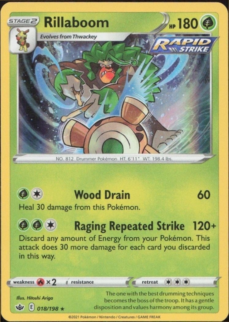 Rillaboom 2021 Pokémon Chilling Reign #018/198 Pokémon Card - Front 2021 Pokémon Chilling Reign Rillaboom #018/198 Pokémon card front