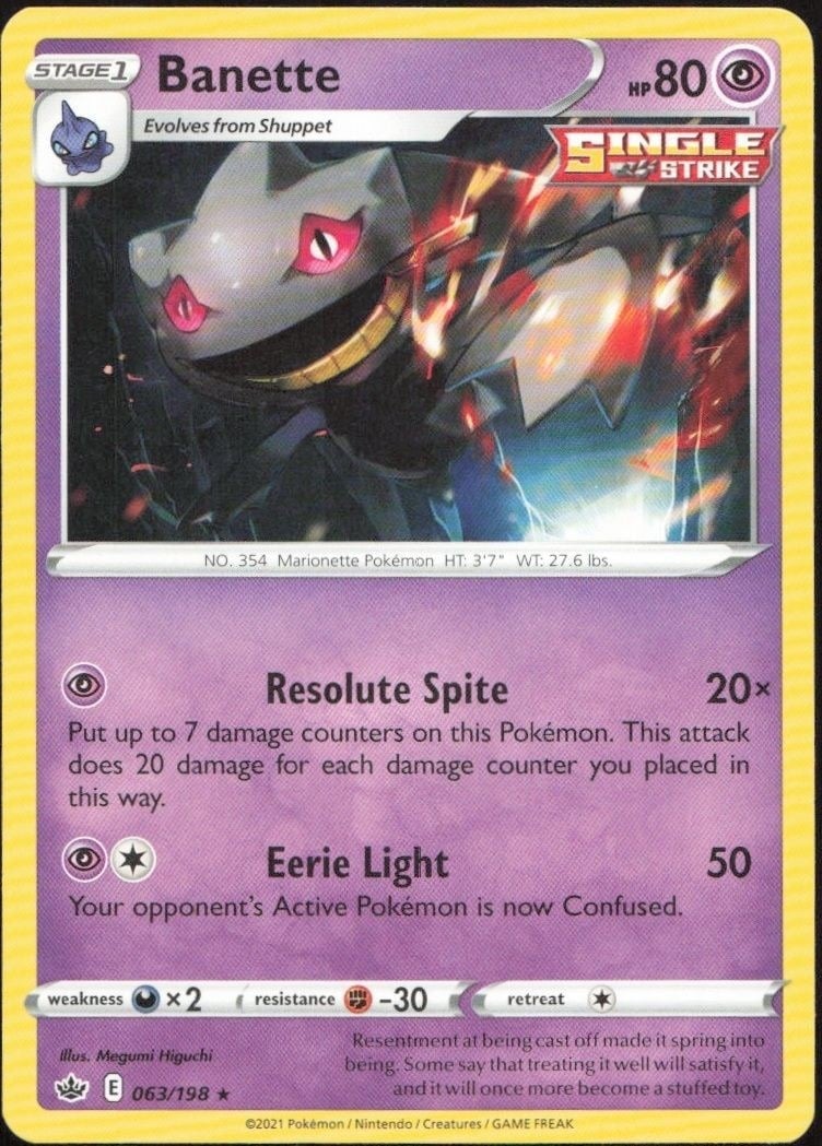 Banette 2021 Pokémon Chilling Reign #063/198 Pokémon Card - Front 2021 Pokémon Chilling Reign Banette #063/198 Pokémon card front