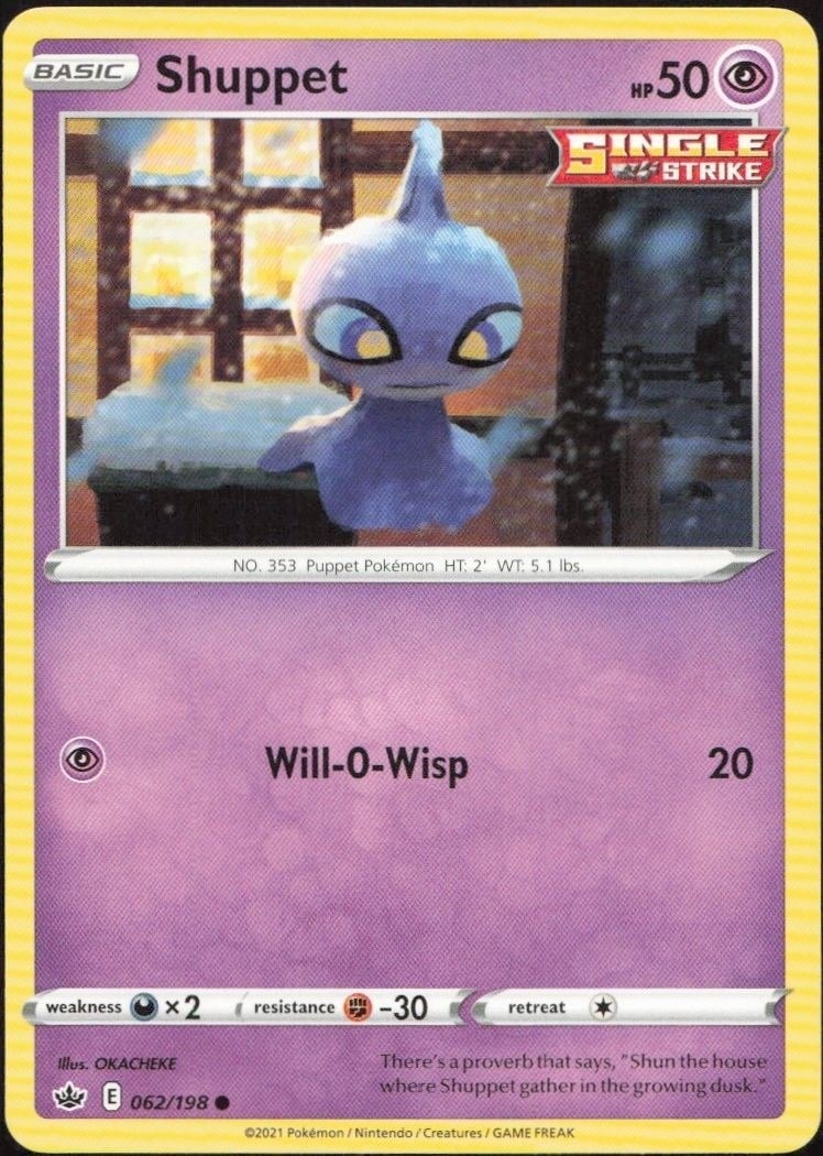 Shuppet 2021 Pokémon Chilling Reign #062/198 Pokémon Card - Front 2021 Pokémon Chilling Reign Shuppet #062/198 Pokémon card front