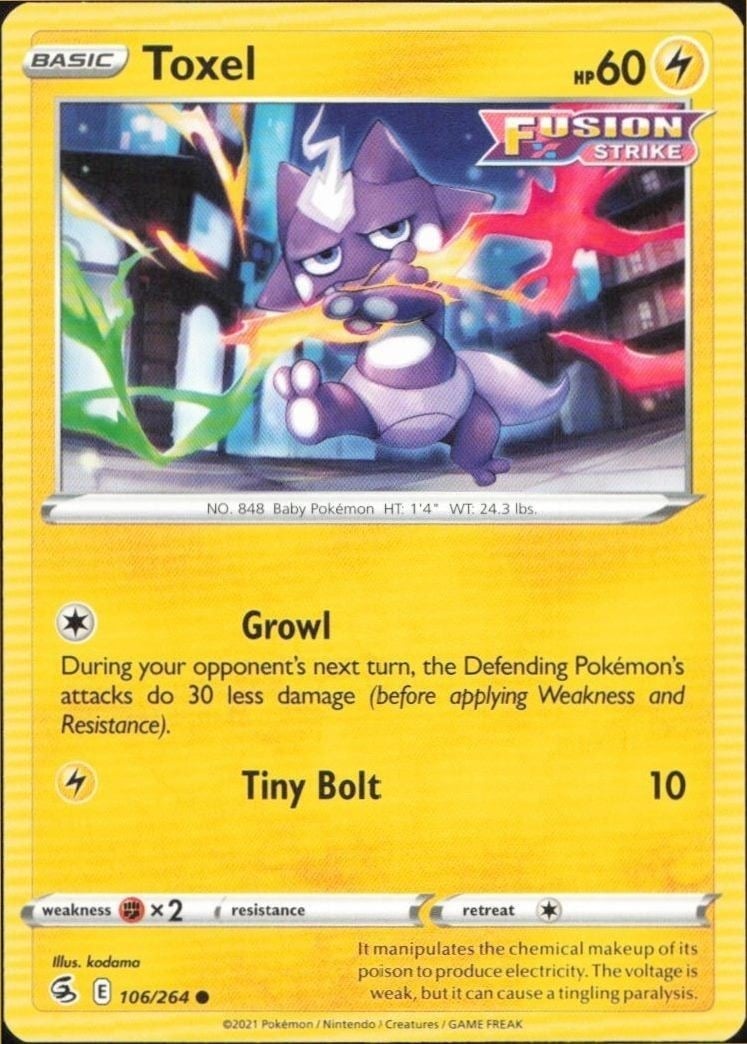 Toxel 2021 Pokémon Fusion Strike #106/264 Pokémon Card - Front 2021 Pokémon Fusion Strike Toxel #106/264 Pokémon card front