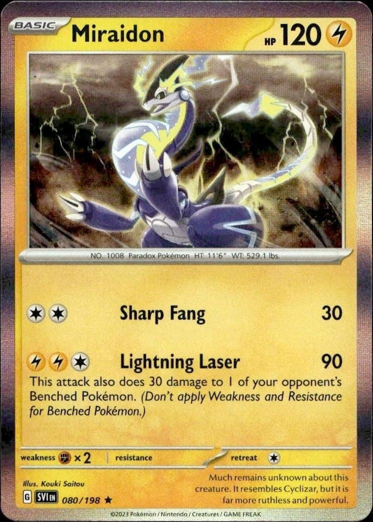 Miraidon 2023 Pokémon Scarlet & Violet #080/198 Pokémon Card - Front 2023 Pokémon Scarlet & Violet Miraidon #080/198 Pokémon card front