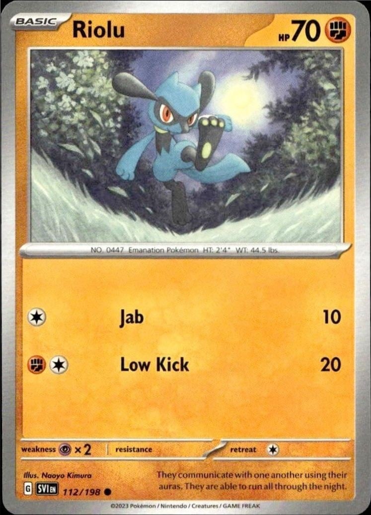 Riolu 2023 Pokémon Scarlet & Violet #112/198 Pokémon Card - Front 2023 Pokémon Scarlet & Violet Riolu #112/198 Pokémon card front