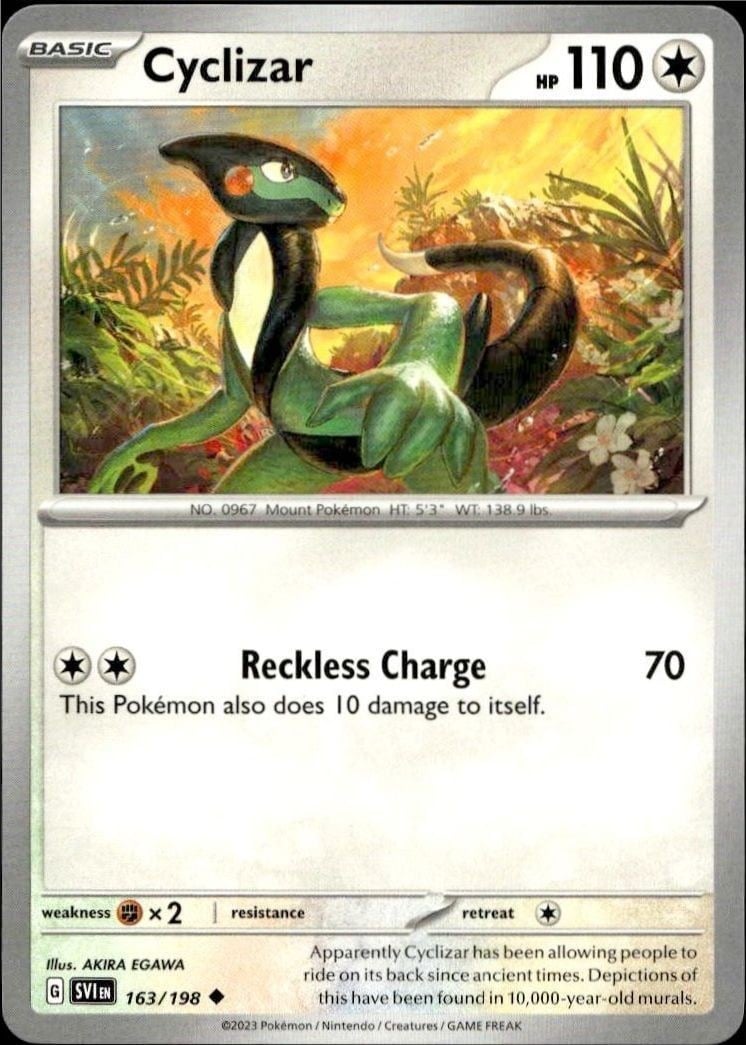 Cyclizar 2023 Pokémon Scarlet & Violet #163/198 Pokémon Card - Front 2023 Pokémon Scarlet & Violet Cyclizar #163/198 Pokémon card front