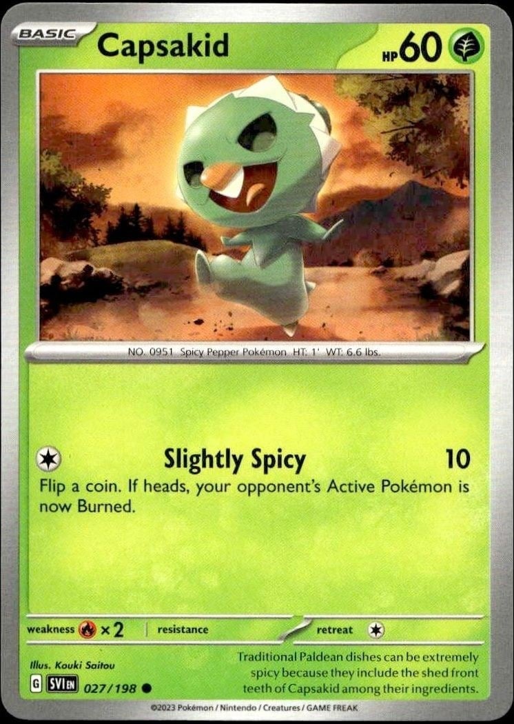 Capsakid 2023 Pokémon Scarlet & Violet #027/198 Pokémon Card - Front 2023 Pokémon Scarlet & Violet Capsakid #027/198 Pokémon card front