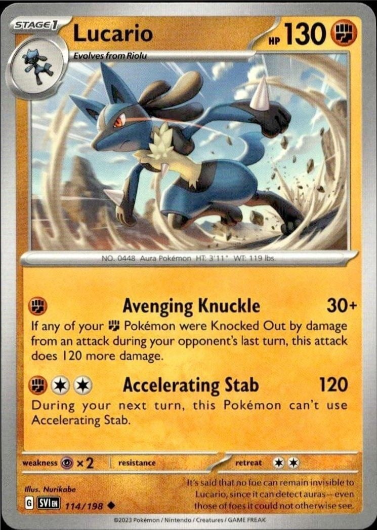 Lucario 2023 Pokémon Scarlet & Violet #114/198 Pokémon Card - Front 2023 Pokémon Scarlet & Violet Lucario #114/198 Pokémon card front