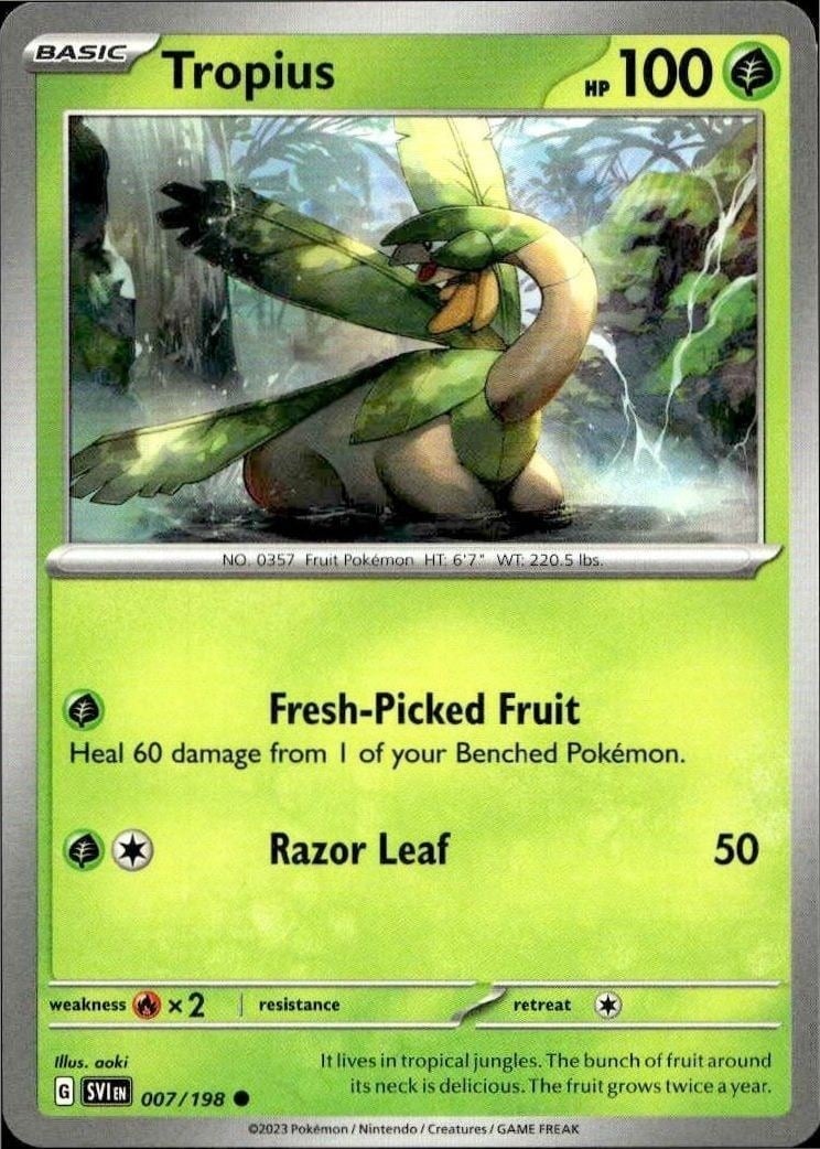 Tropius 2023 Pokémon Scarlet & Violet #007/198 Pokémon Card - Front 2023 Pokémon Scarlet & Violet Tropius #007/198 Pokémon card front