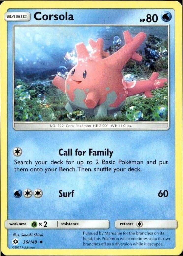 Corsola 2017 Pokémon Sun & Moon #036/149 Pokémon Card - Front 2017 Pokémon Sun & Moon Corsola #036/149 Pokémon card front
