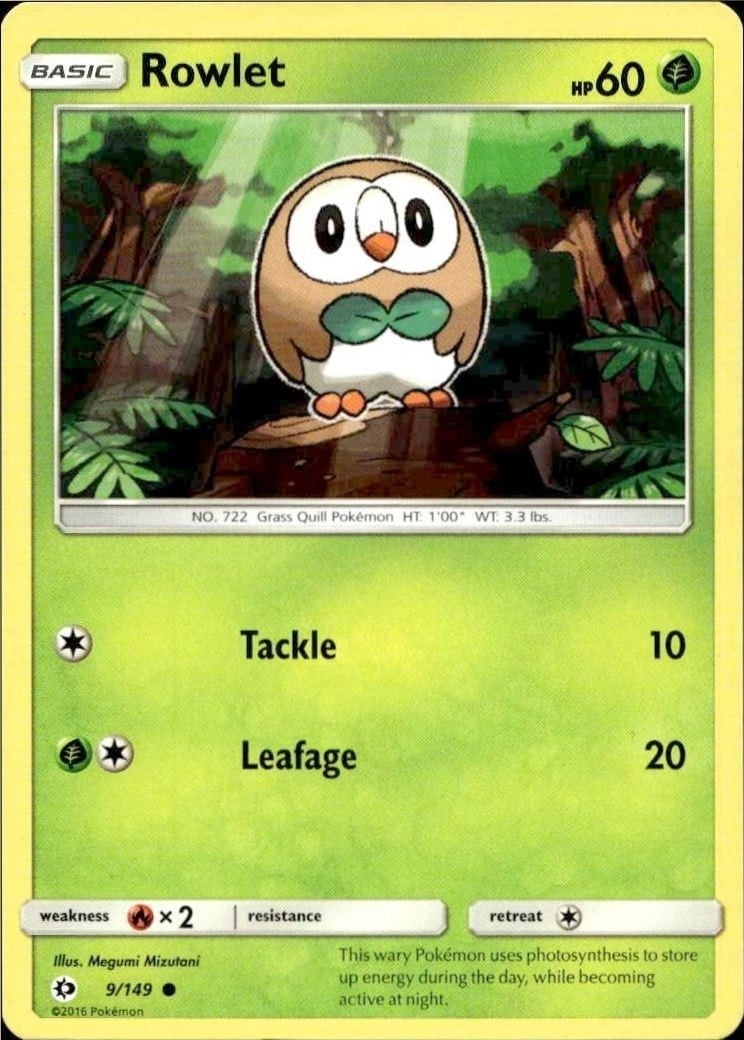 Rowlet 2016 Pokémon Sun & Moon #009/149 Pokémon Card - Front 2016 Pokémon Sun & Moon Rowlet #009/149 Pokémon card front