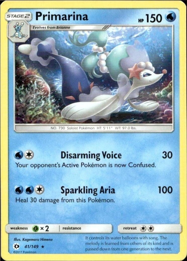 Primarina 2017 Pokémon Sun & Moon #041/149 Pokémon Card - Front 2017 Pokémon Sun & Moon Primarina #041/149 Pokémon card front