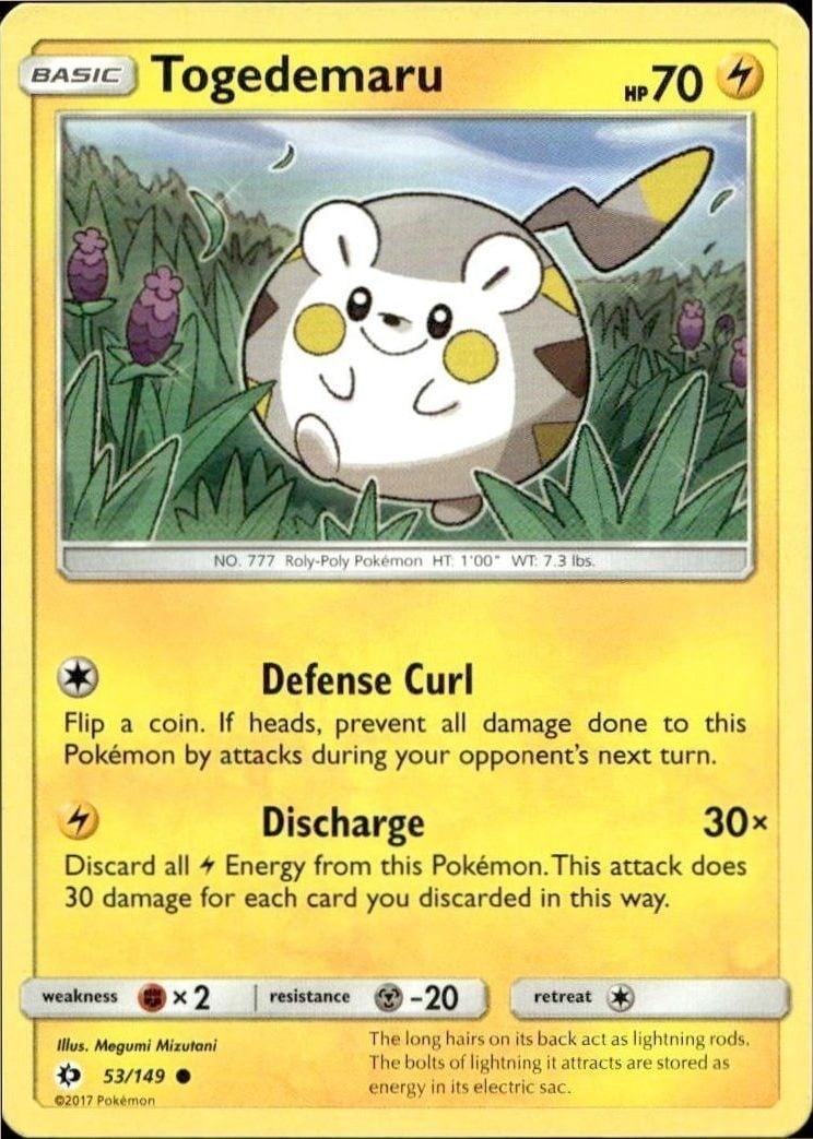 Togedemaru 2017 Pokémon Sun & Moon #053/149 Pokémon Card - Front 2017 Pokémon Sun & Moon Togedemaru #053/149 Pokémon card front