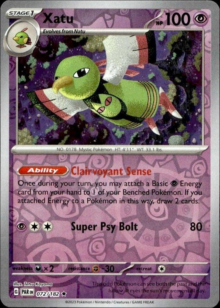 Xatu 2023 Pokémon Paradox Rift #072/182 Pokémon Card - Front 2023 Pokémon Paradox Rift Xatu #072/182 Pokémon card front