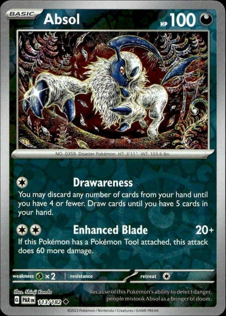 Absol 2023 Pokémon Paradox Rift #113/182 Pokémon Card - Front 2023 Pokémon Paradox Rift Absol #113/182 Pokémon card front