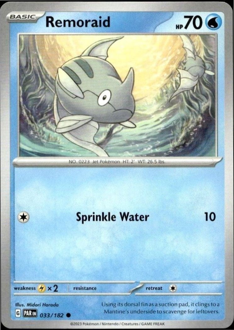 Remoraid 2023 Pokémon Paradox Rift #033/182 Pokémon Card - Front 2023 Pokémon Paradox Rift Remoraid #033/182 Pokémon card front