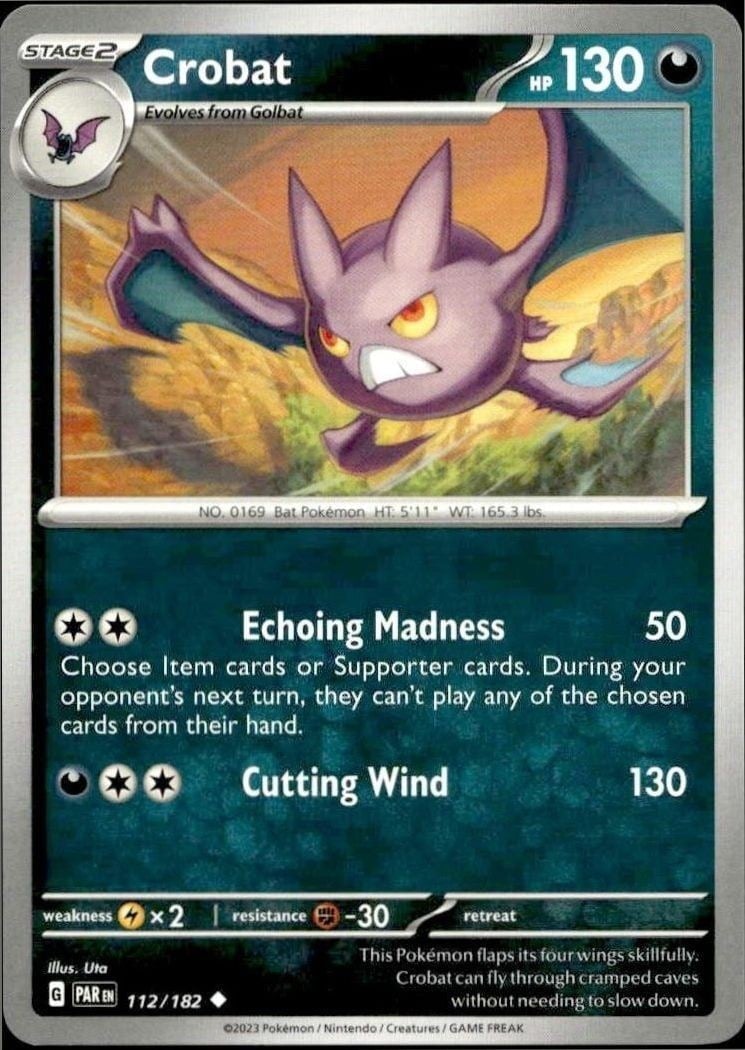 Crobat 2023 Pokémon Paradox Rift #112/182 Pokémon Card - Front 2023 Pokémon Paradox Rift Crobat #112/182 Pokémon card front