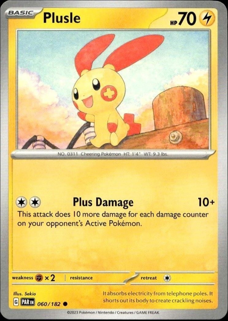 Plusle 2023 Pokémon Paradox Rift #060/182 Pokémon Card - Front 2023 Pokémon Paradox Rift Plusle #060/182 Pokémon card front