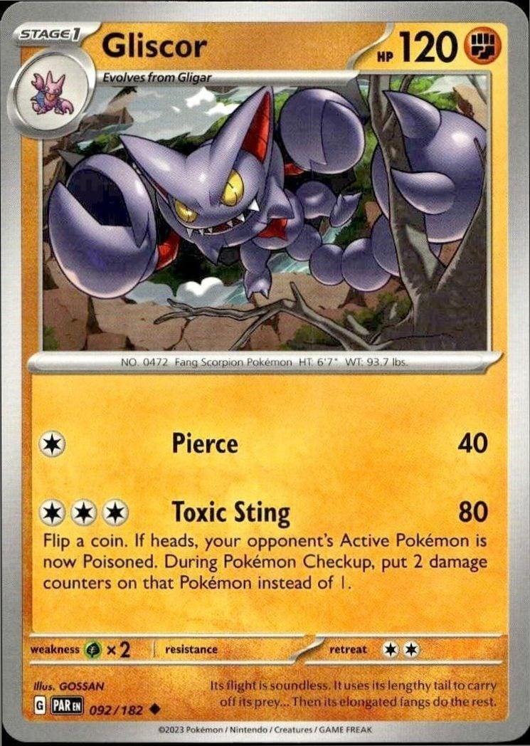 Gliscor 2023 Pokémon Paradox Rift #092/182 Pokémon Card - Front 2023 Pokémon Paradox Rift Gliscor #092/182 Pokémon card front