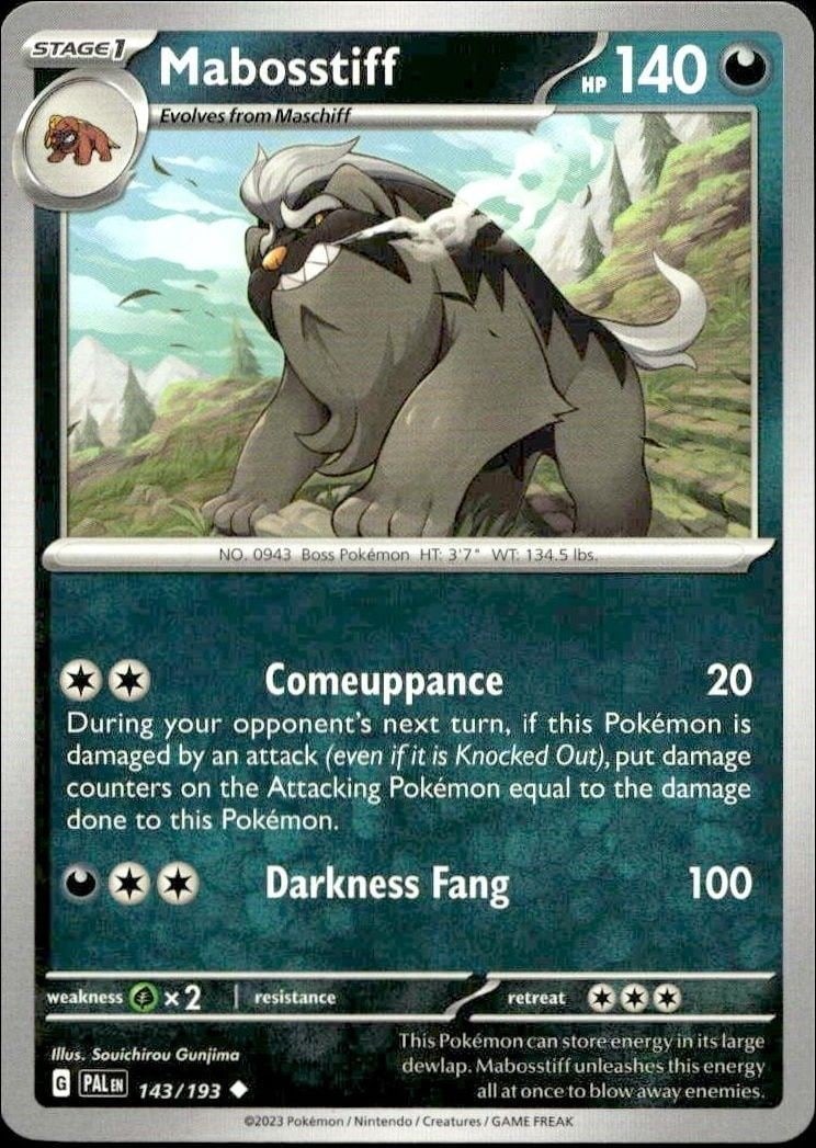 Mabosstiff 2023 Pokémon Paldea Evolved #143/193 Pokémon Card - Front 2023 Pokémon Paldea Evolved Mabosstiff #143/193 Pokémon card front