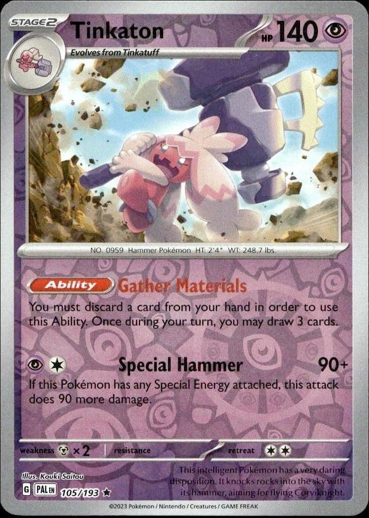 Tinkaton 2023 Pokémon Paldea Evolved #105/193 Pokémon Card - Front 2023 Pokémon Paldea Evolved Tinkaton #105/193 Pokémon card front