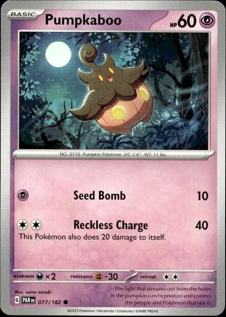 Pumpkaboo 2023 Pokémon Paradox Rift #077/182 Pokémon Card - Front 2023 Pokémon Paradox Rift Pumpkaboo #077/182 Pokémon card front