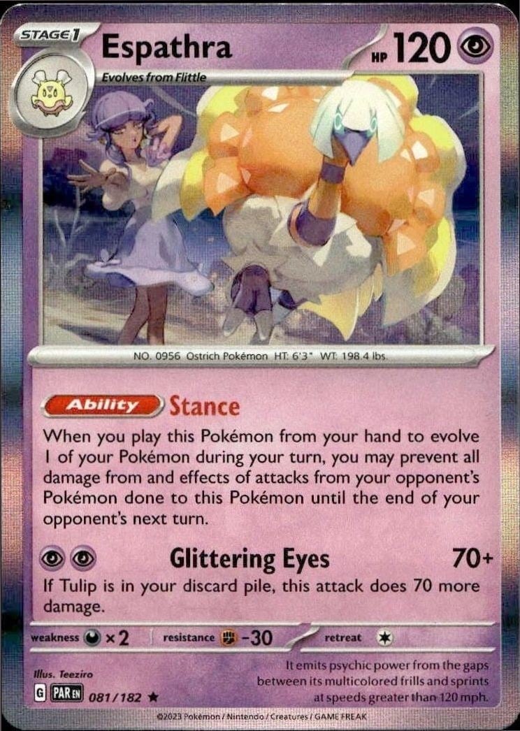 Espathra 2023 Pokémon Paradox Rift #081/182 Pokémon Card - Front 2023 Pokémon Paradox Rift Espathra #081/182 Pokémon card front