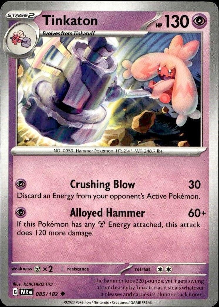 Tinkaton 2023 Pokémon Paradox Rift #085/182 Pokémon Card - Front 2023 Pokémon Paradox Rift Tinkaton #085/182 Pokémon card front