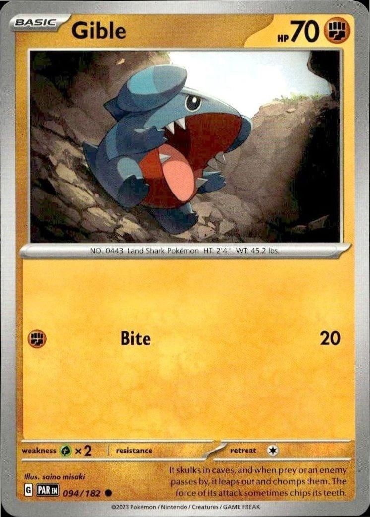 Gible 2023 Pokémon Paradox Rift #094/182 Pokémon Card - Front 2023 Pokémon Paradox Rift Gible #094/182 Pokémon card front