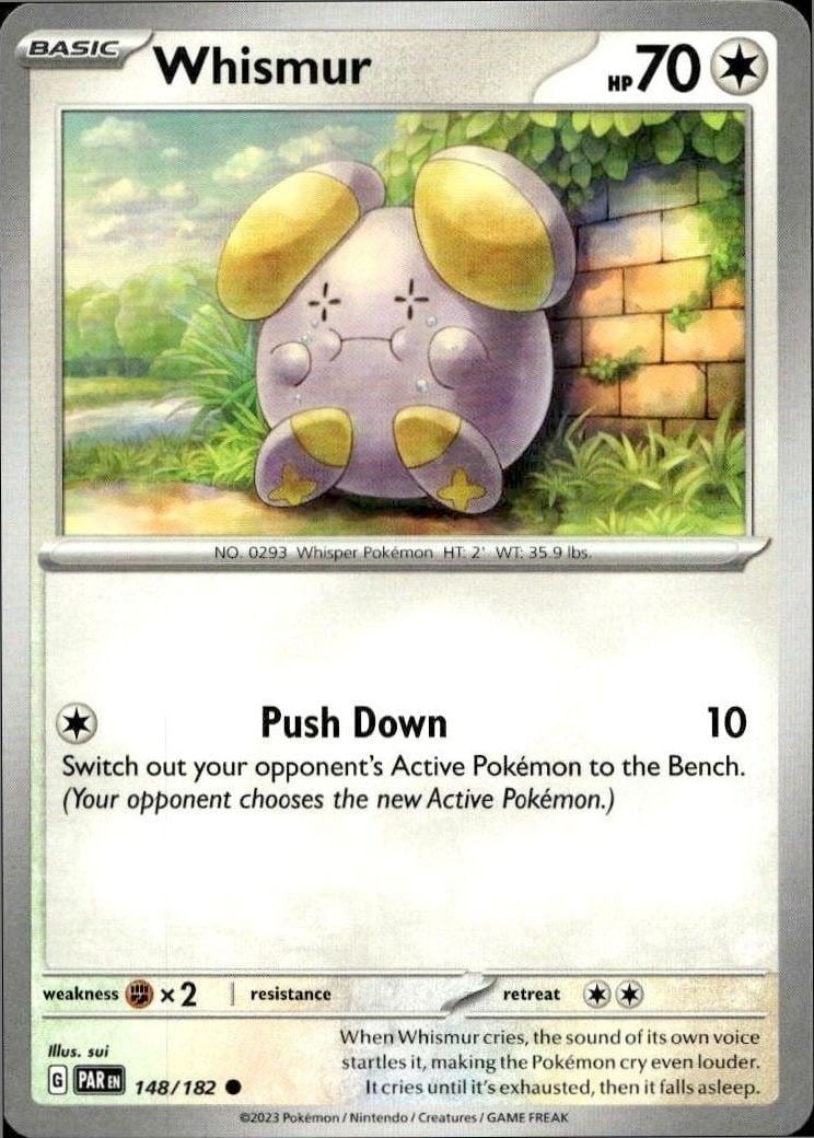 Whismur 2023 Pokémon Paradox Rift #148/182 Pokémon Card - Front 2023 Pokémon Paradox Rift Whismur #148/182 Pokémon card front