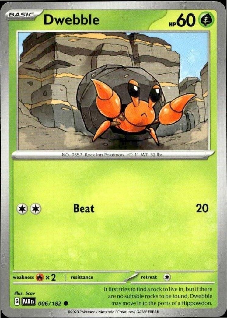 Dwebble 2023 Pokémon Paradox Rift #006/182 Pokémon Card - Front 2023 Pokémon Paradox Rift Dwebble #006/182 Pokémon card front