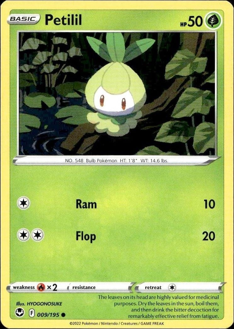 Petilil 2022 Pokémon Silver Tempest #009/195 Pokémon Card - Front 2022 Pokémon Silver Tempest Petilil #009/195 Pokémon card front