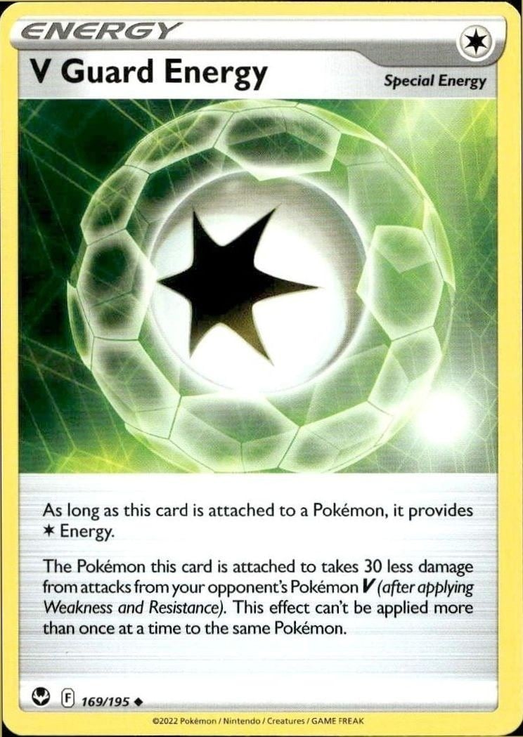 V Guard Energy 2022 Pokémon Silver Tempest #169/195 Pokémon Card - Front 2022 Pokémon Silver Tempest V Guard Energy #169/195 Pokémon card front