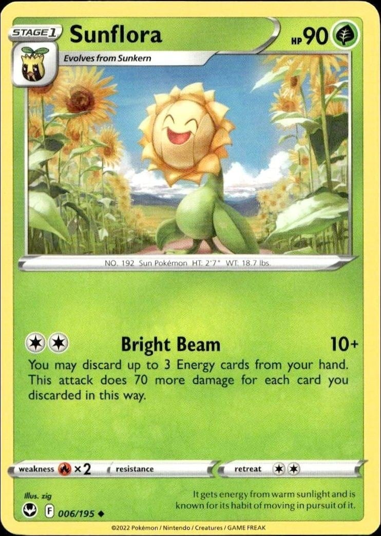 Sunflora 2022 Pokémon Silver Tempest #006/195 Pokémon Card - Front 2022 Pokémon Silver Tempest Sunflora #006/195 Pokémon card front