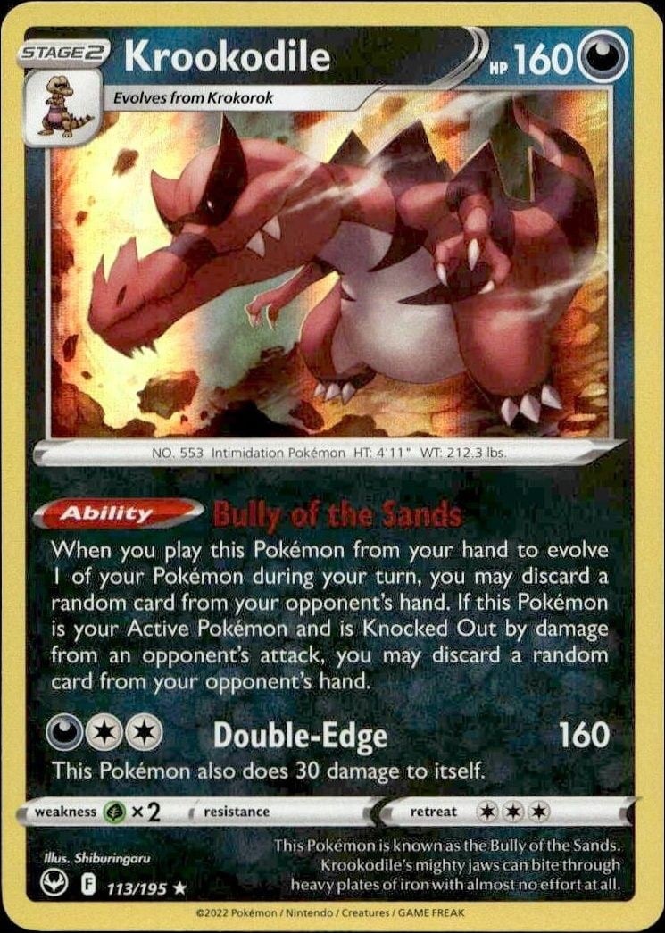 Krookodile 2022 Pokémon Silver Tempest #113/195 Pokémon Card - Front 2022 Pokémon Silver Tempest Krookodile #113/195 Pokémon card front