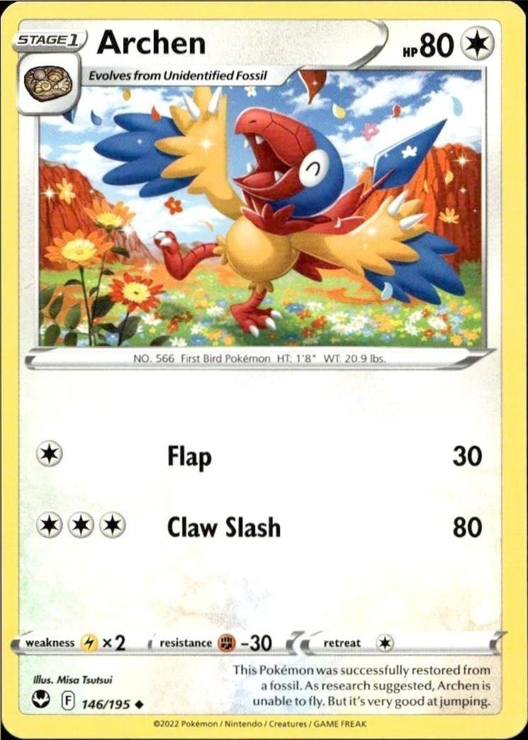 Archen 2022 Pokémon Silver Tempest #146/195 Pokémon Card - Front 2022 Pokémon Silver Tempest Archen #146/195 Pokémon card front
