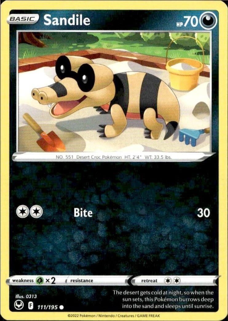 Sandile 2022 Pokémon Silver Tempest #111/195 Pokémon Card - Front 2022 Pokémon Silver Tempest Sandile #111/195 Pokémon card front