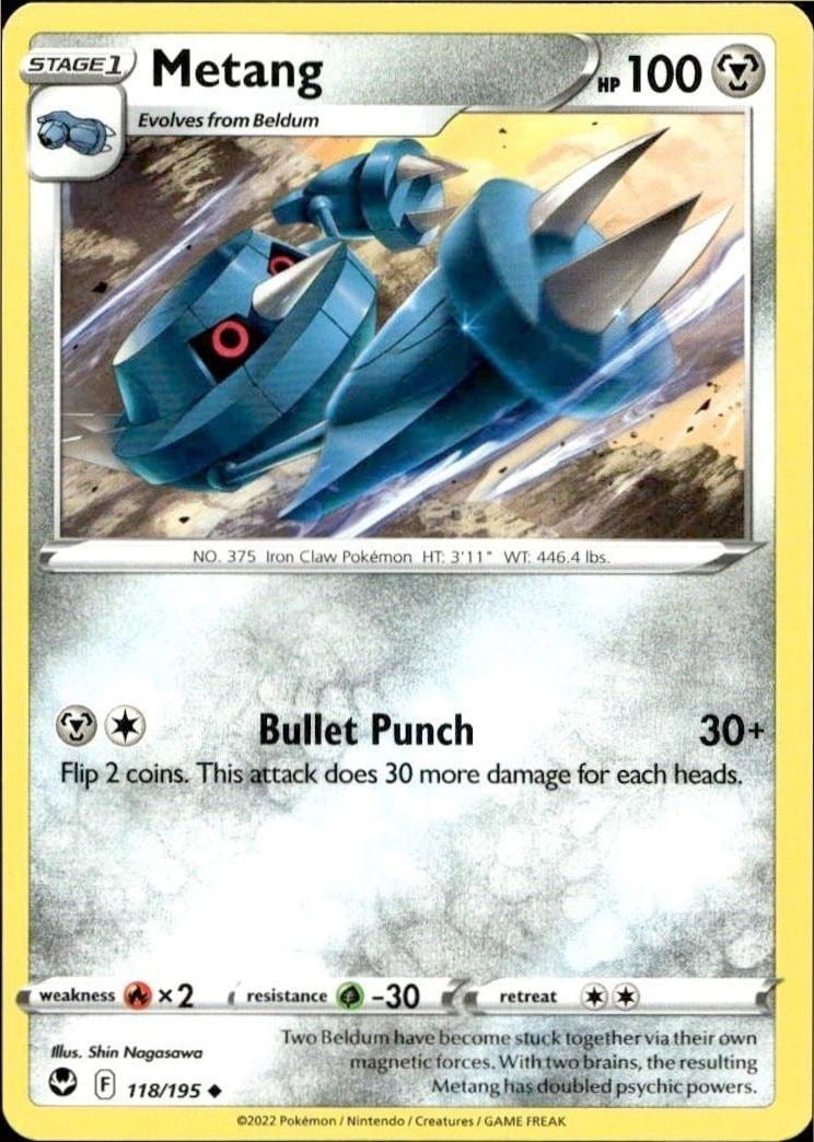Metang 2022 Pokémon Silver Tempest #118/195 Pokémon Card - Front 2022 Pokémon Silver Tempest Metang #118/195 Pokémon card front