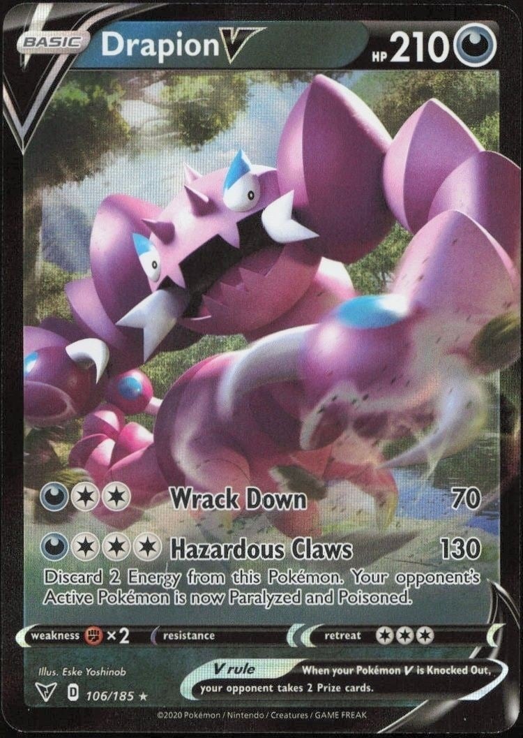 Drapion V 2020 Pokémon Vivid Voltage #106/185 Pokémon Card - Front 2020 Pokémon Vivid Voltage Drapion V #106/185 Pokémon card front