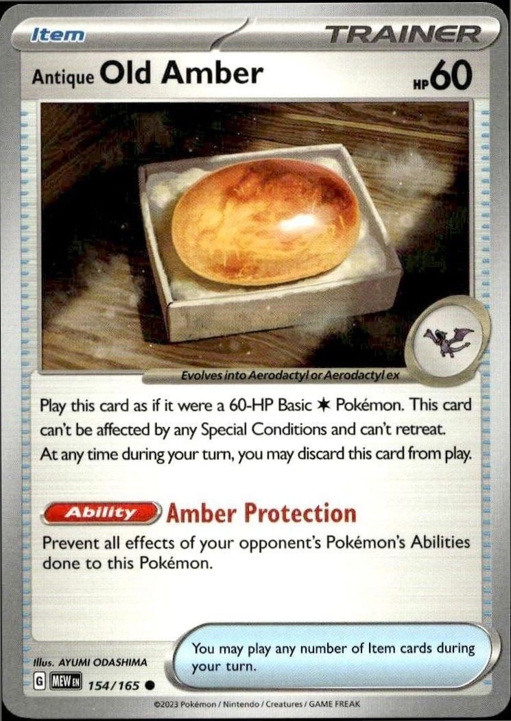 Antique Old Amber 2023 Pokémon 151 #154/165 Pokémon Card - Front 2023 Pokémon 151 Antique Old Amber #154/165 Pokémon card front