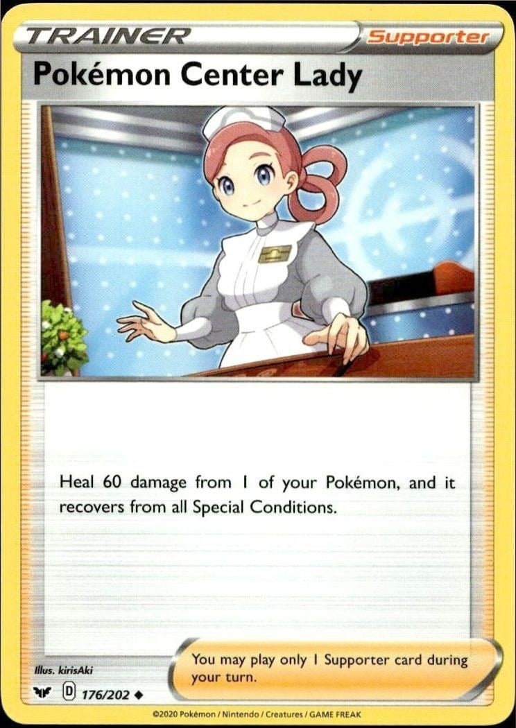 Pokémon Center Lady 2020 Pokémon Sword & Shield #176/202 Pokémon Card - Front 2020 Pokémon Sword & Shield Pokémon Center Lady #176/202 Pokémon card front